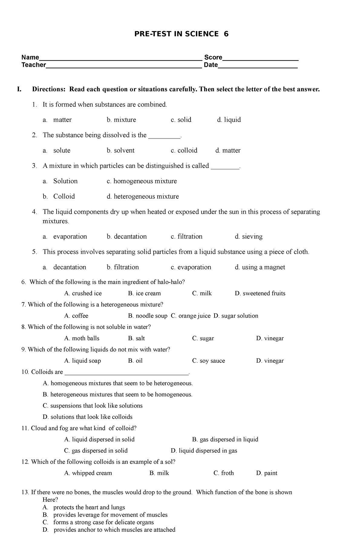 PRE-TEST Science 6 - Physical Science - UP Visayas - Studocu