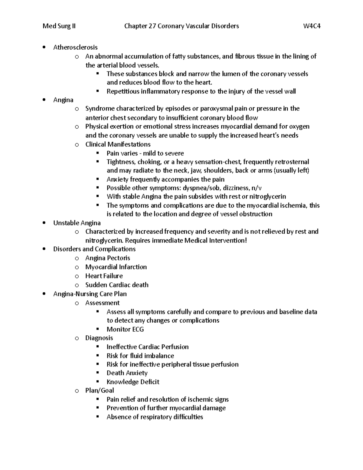 Ch 27 CVD - Lecture notes 4 - Med Surg II Chapter 27 Coronary Vascular ...
