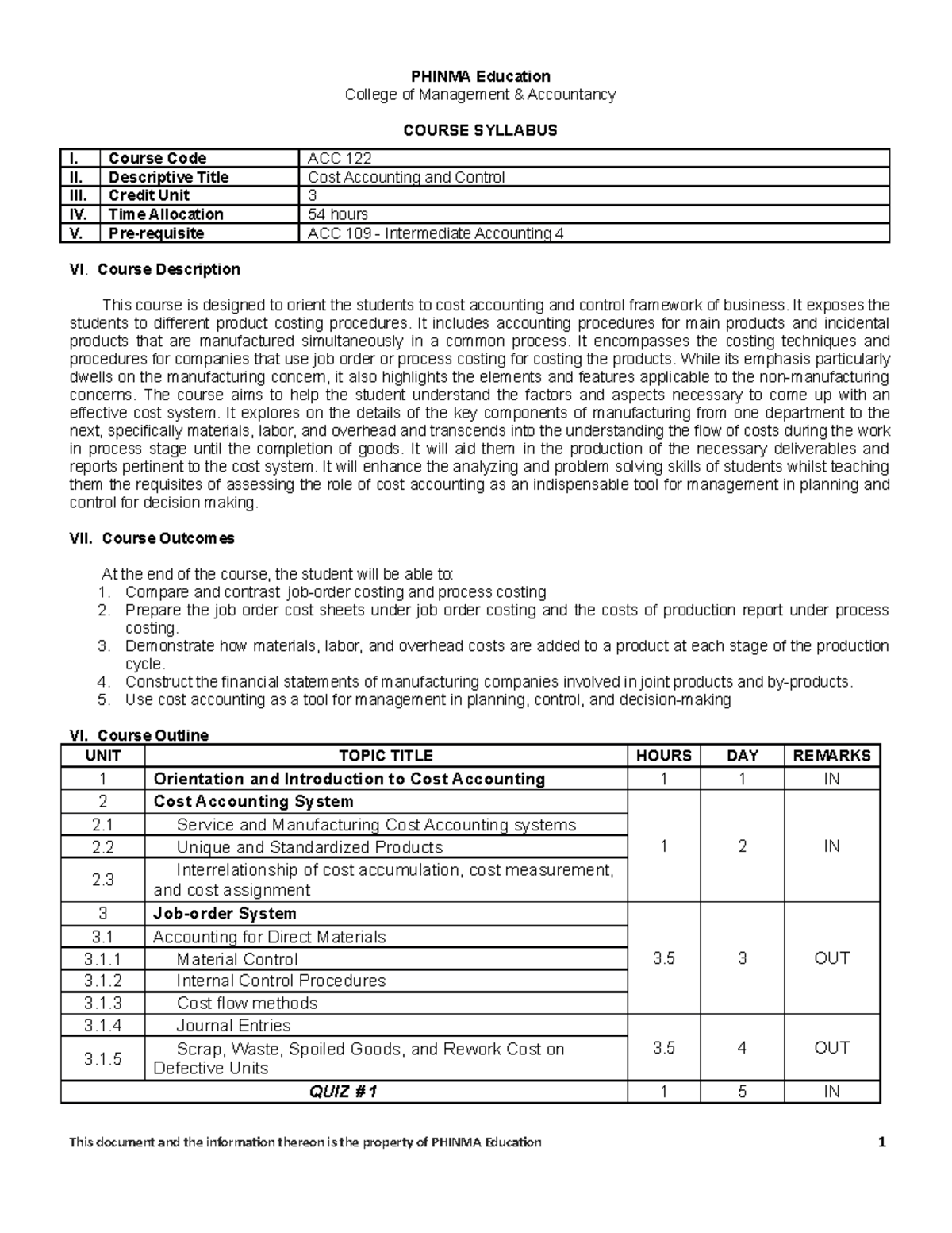 ACC 122 Cost Accounting and Control Syllabus - Accountancy - PHINMA–COC ...