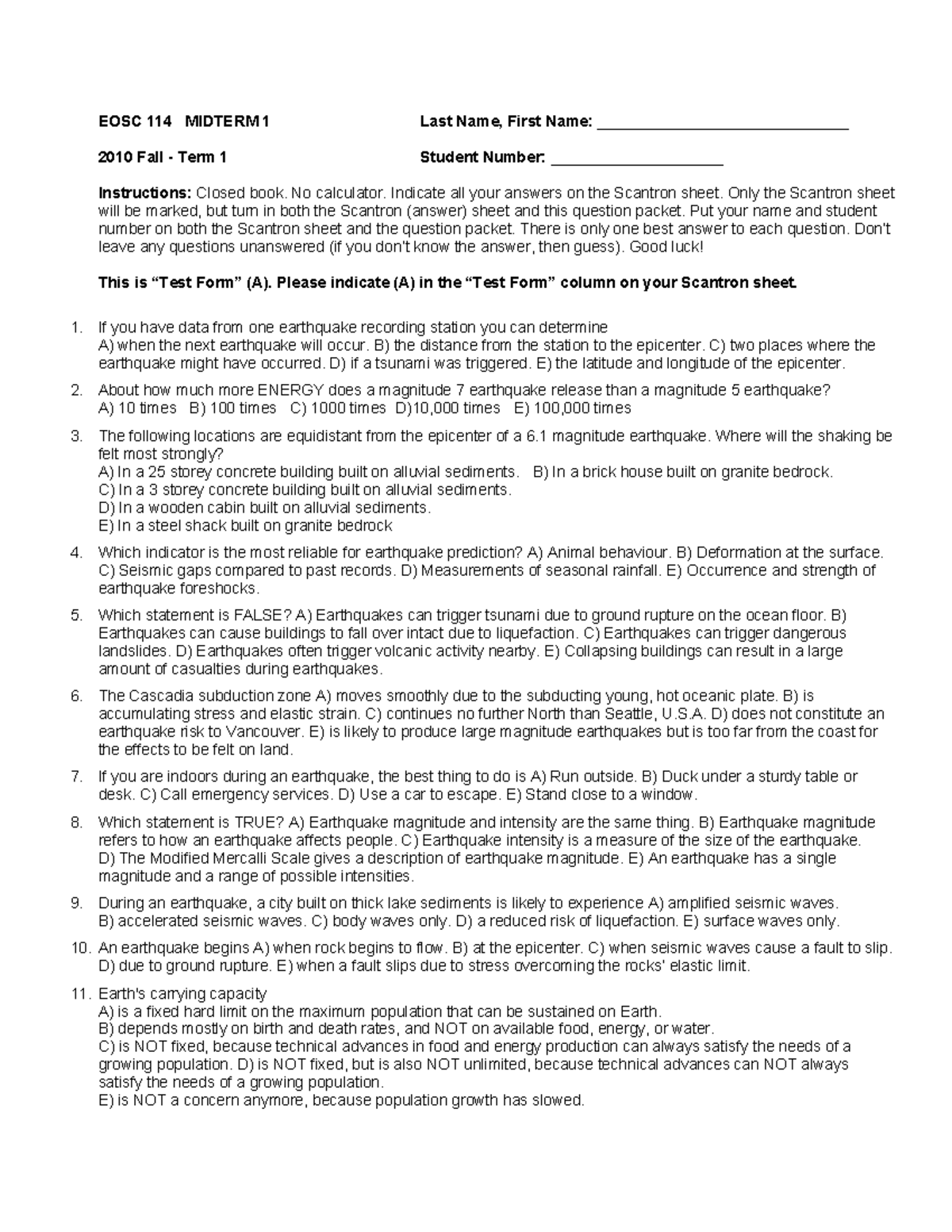 Sample/practice exam - EOSC 114 MIDTERM 1 Last Name, First Name