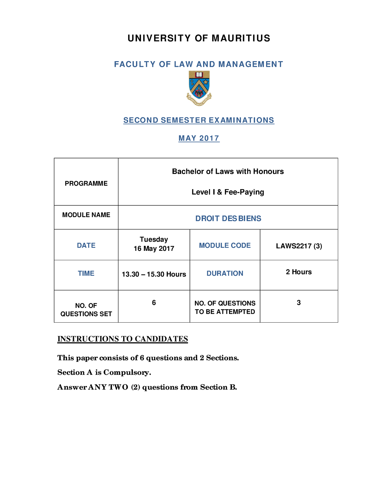 2017 - past paper - UN I V ERSI T Y OF M AU RI T I U S FACU LT Y OF LAW ...