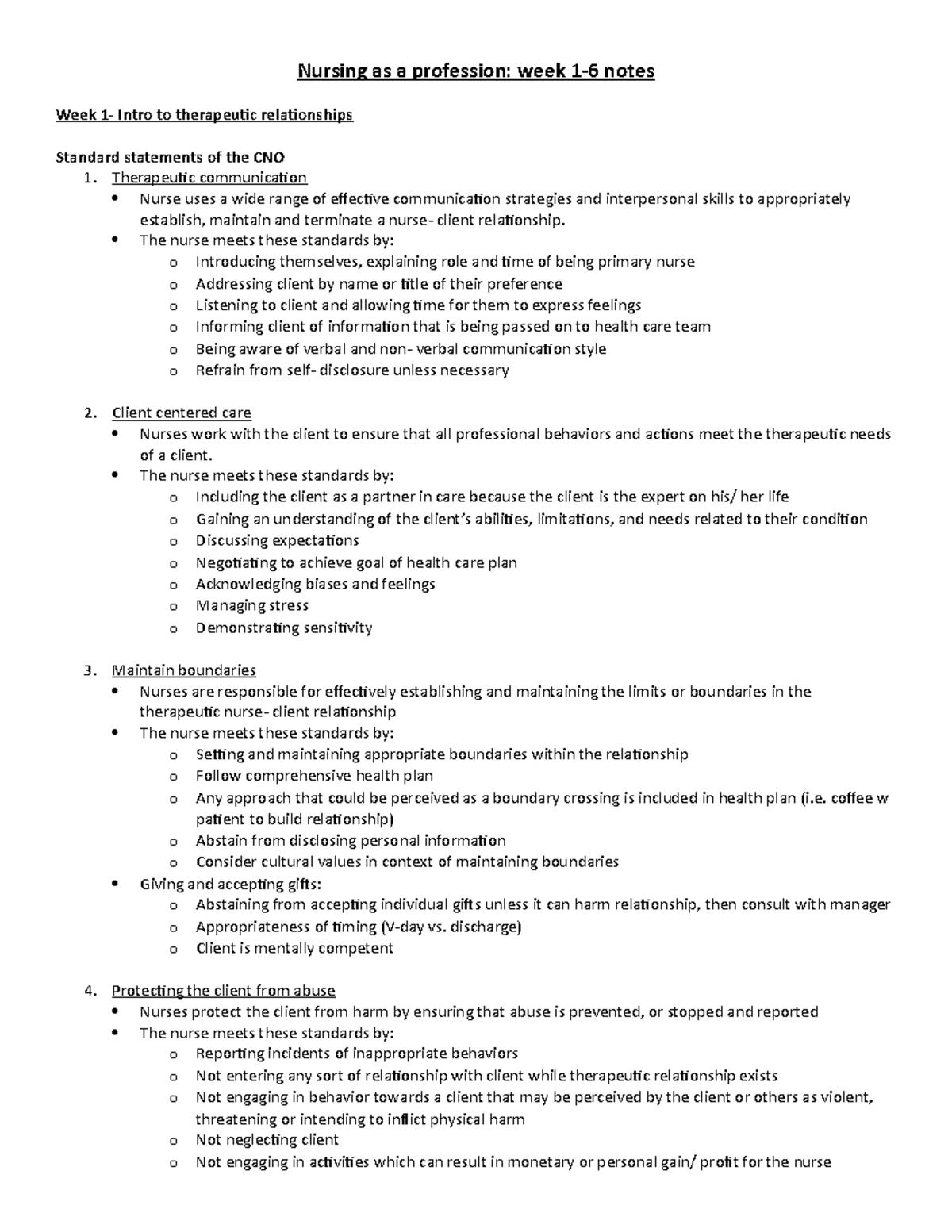 Nursing as a profession- week 1-6 notes - Therapeutic communication ...