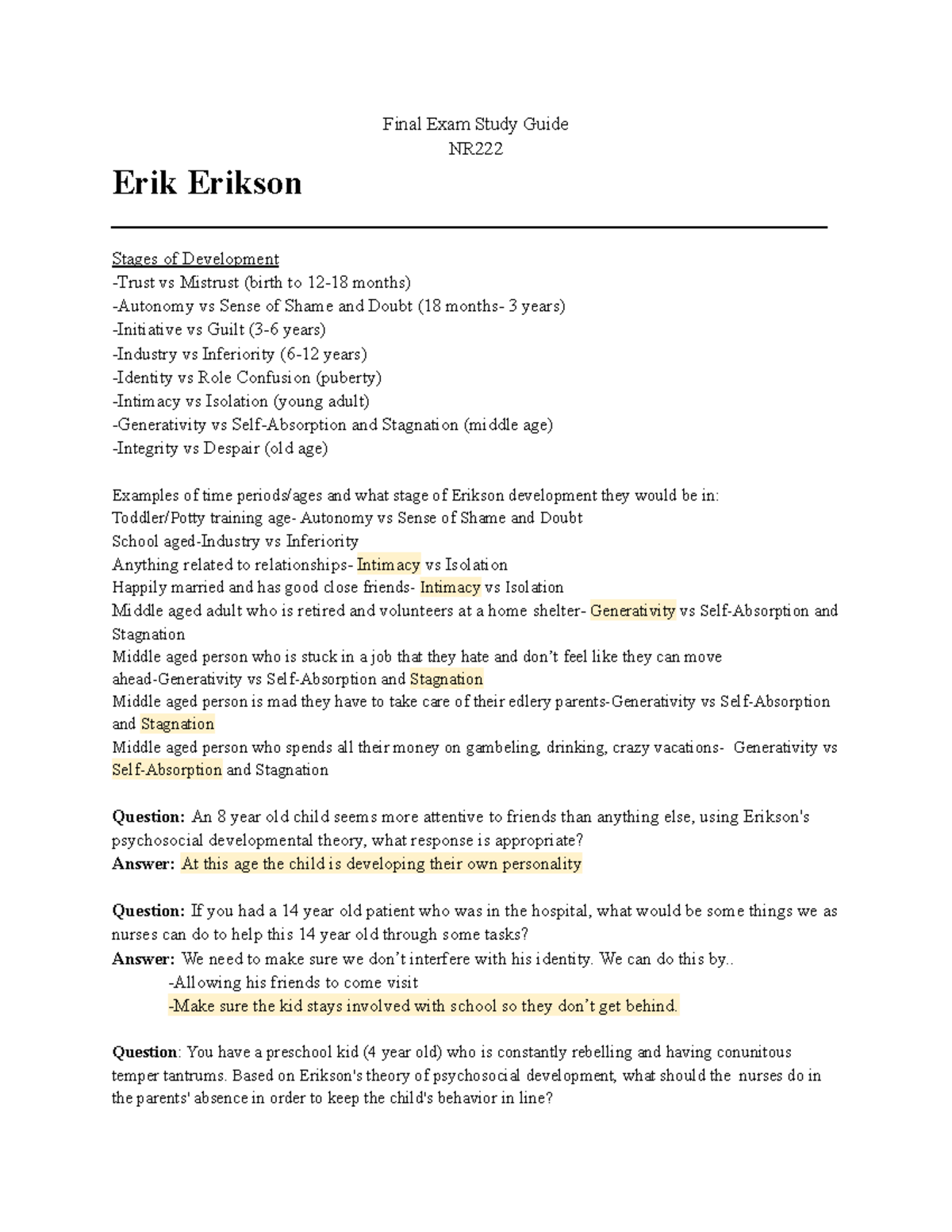 FB NR222 Final Exam Study Guide Final Exam Study Guide NR Erik Erikson