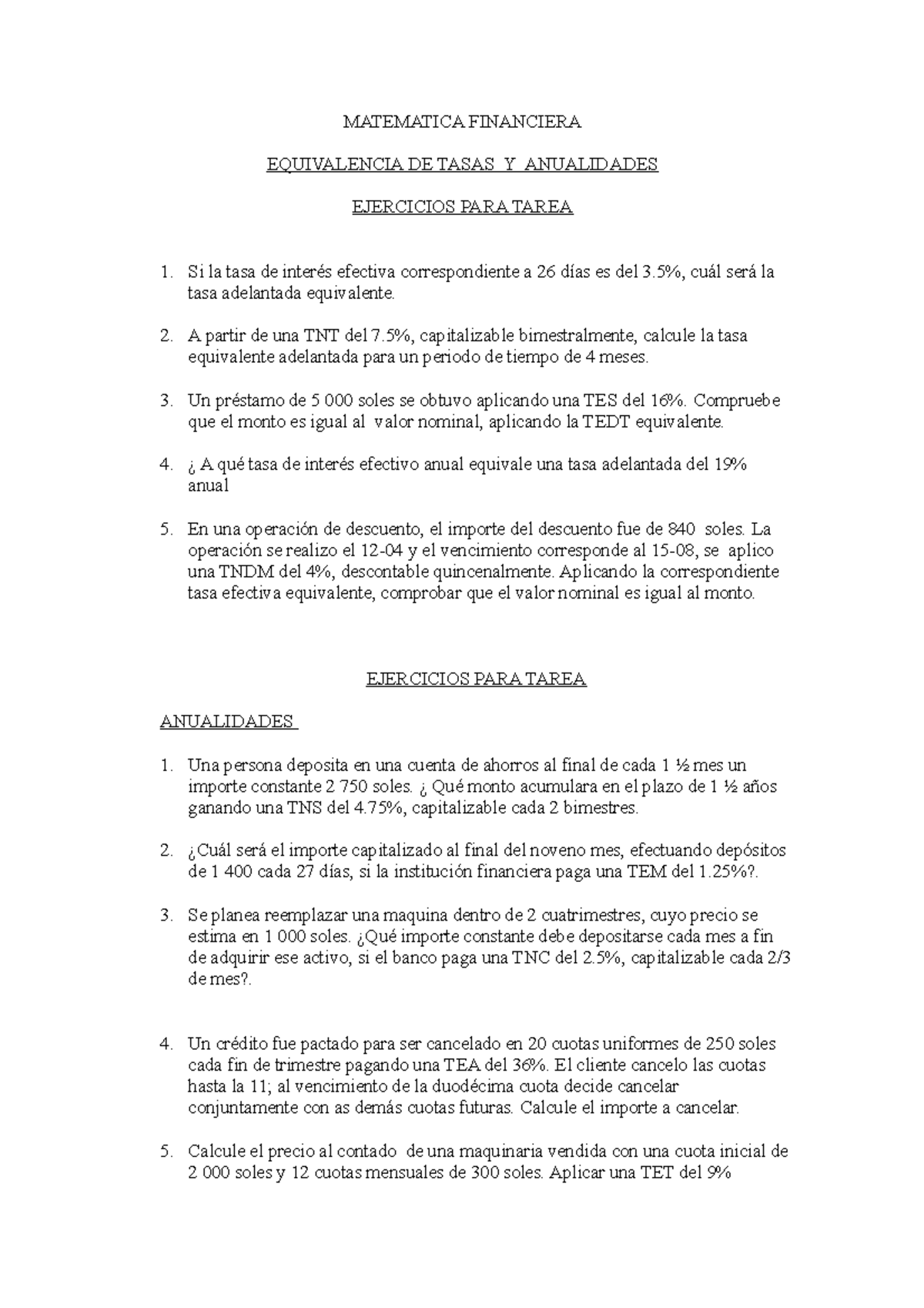 Ejercicios Matematica Financiera Equivalencias de tasas y anualidades ...