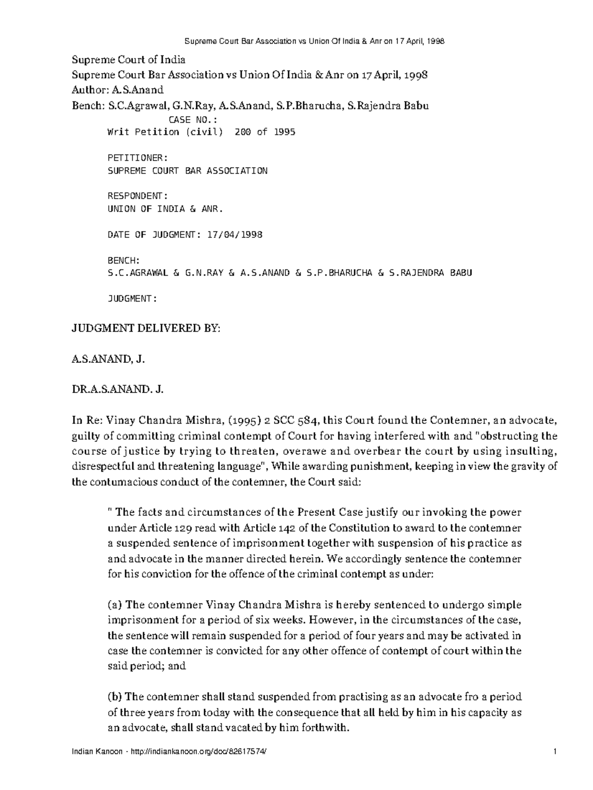 Supreme Court Bar Association vs Union Of India Anr on 17 April 1998 Supreme Court of India