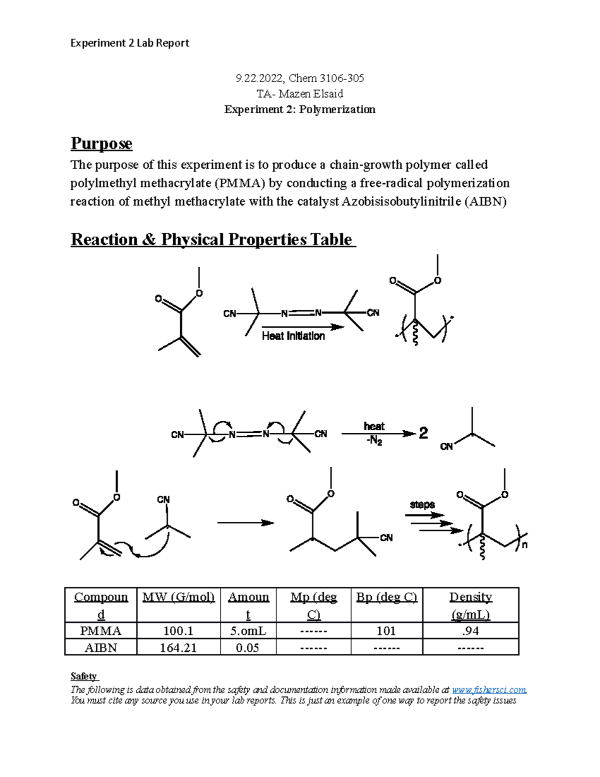 Lab 2 Report - Lab 2 - 9.22, Chem 3106- TA- Mazen Elsaid Experiment 2 ...