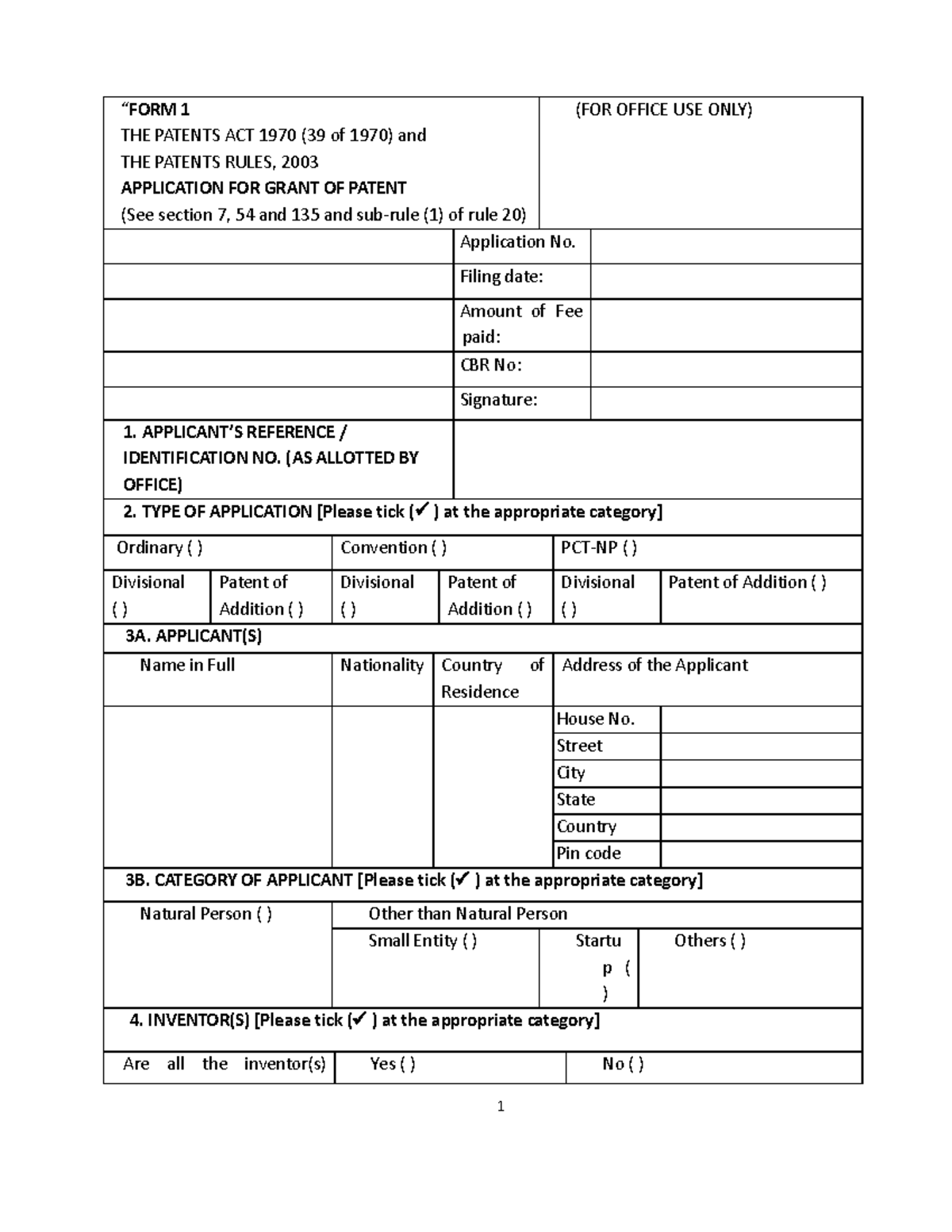 Form-1 Grant Of Patent - “form 1 The Patents Act 1970 (39 Of 1970) And 