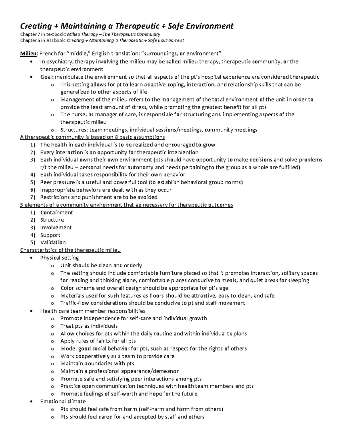 Creating an Maintaining a Therapeutic Environment - Chapter Notes ...