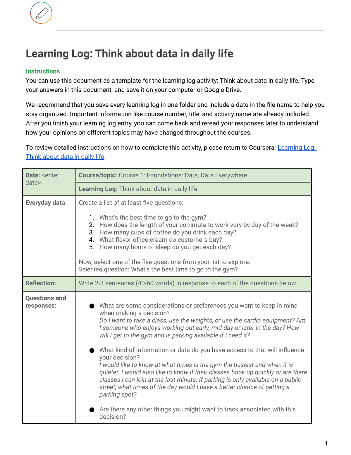 Example.Learning Log Think about data in daily life - - Studocu