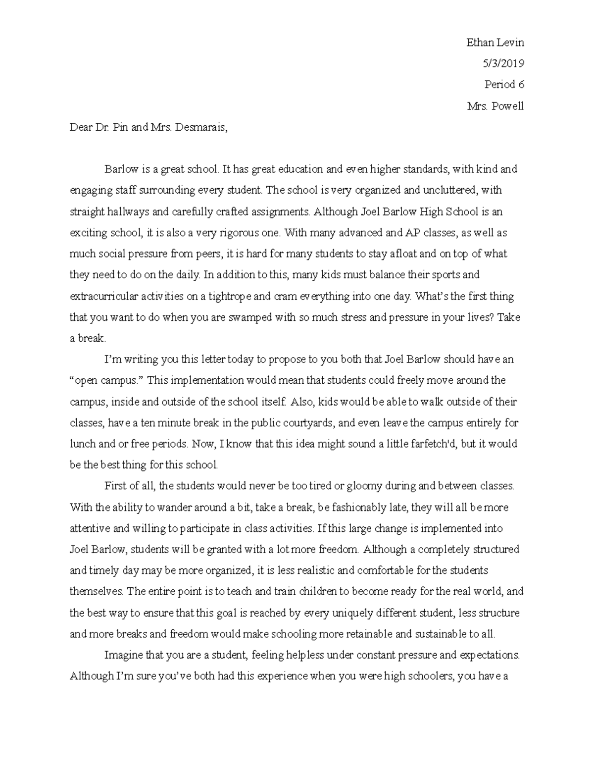 Rhetoric Letter - Ethan Levin - Ethan Levin 5/3/ Period 6 Mrs. Powell ...