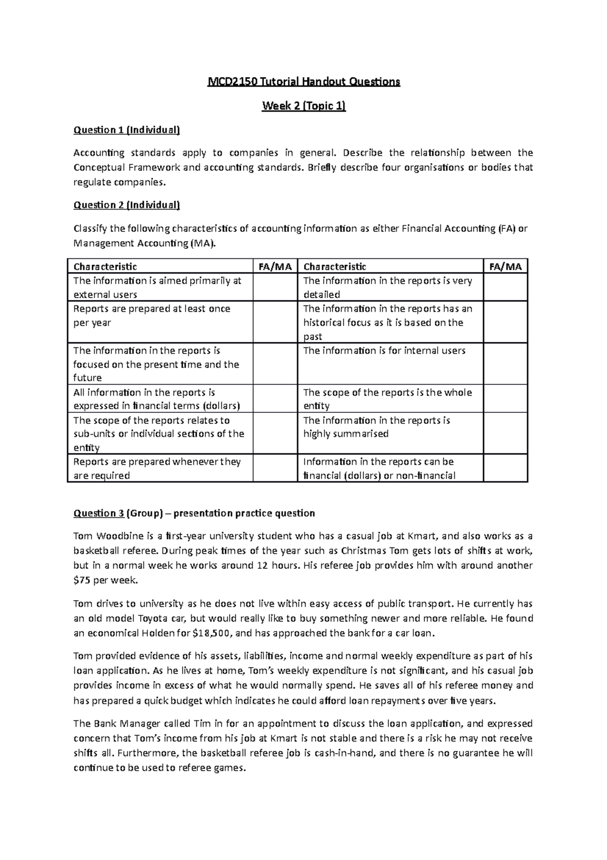 Tute 2 handout question - MCD2150 Tutorial Handout Questions Week 2 ...