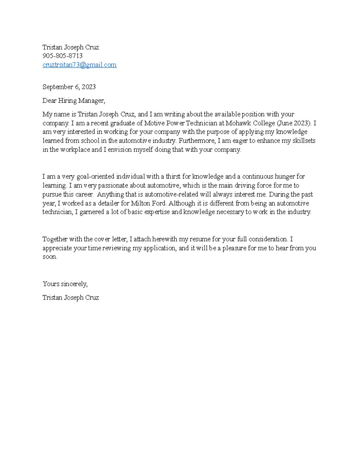 Cover letter tristan - notes - Tristan Joseph Cruz 905-805 ...