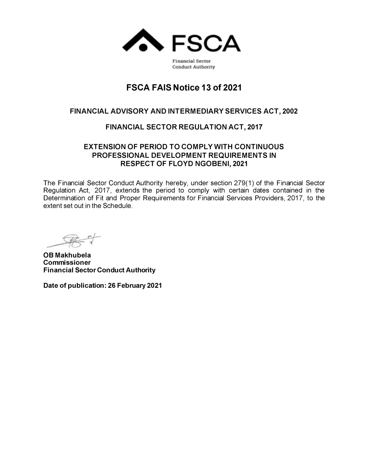 FSCA FAIS Notice 13 of 2021 FSCA FAIS Notice 13 of 2021 FINANCIAL