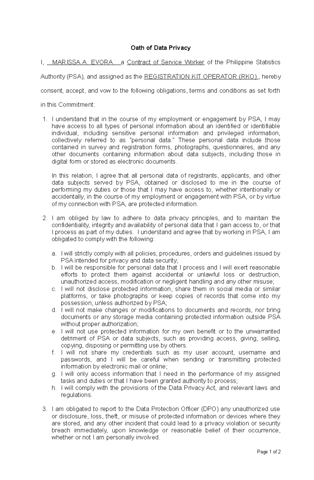 Oath of Data Privacy - hihi - Oath of Data Privacy I, MARISSA A. EVORA ...