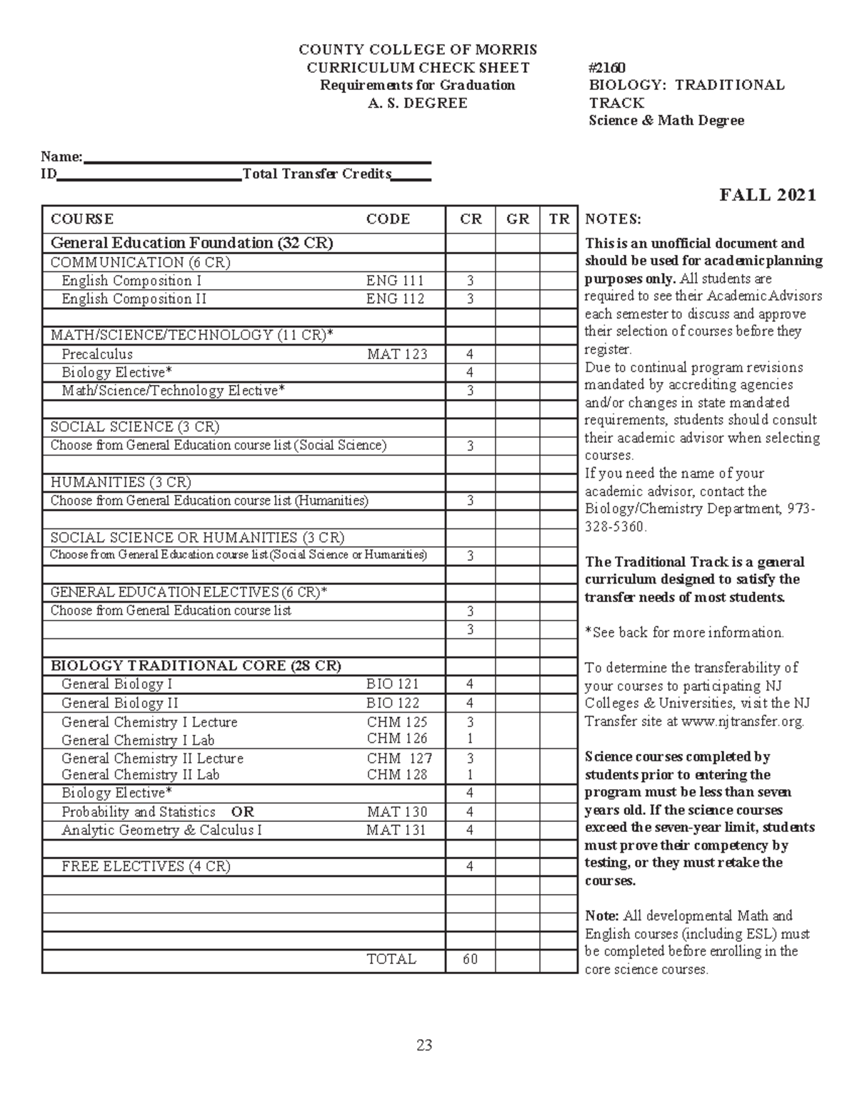 Bio curriculum checklist - 23 COUNTY COLLEGE OF MORRIS CURRICULUM CHECK ...