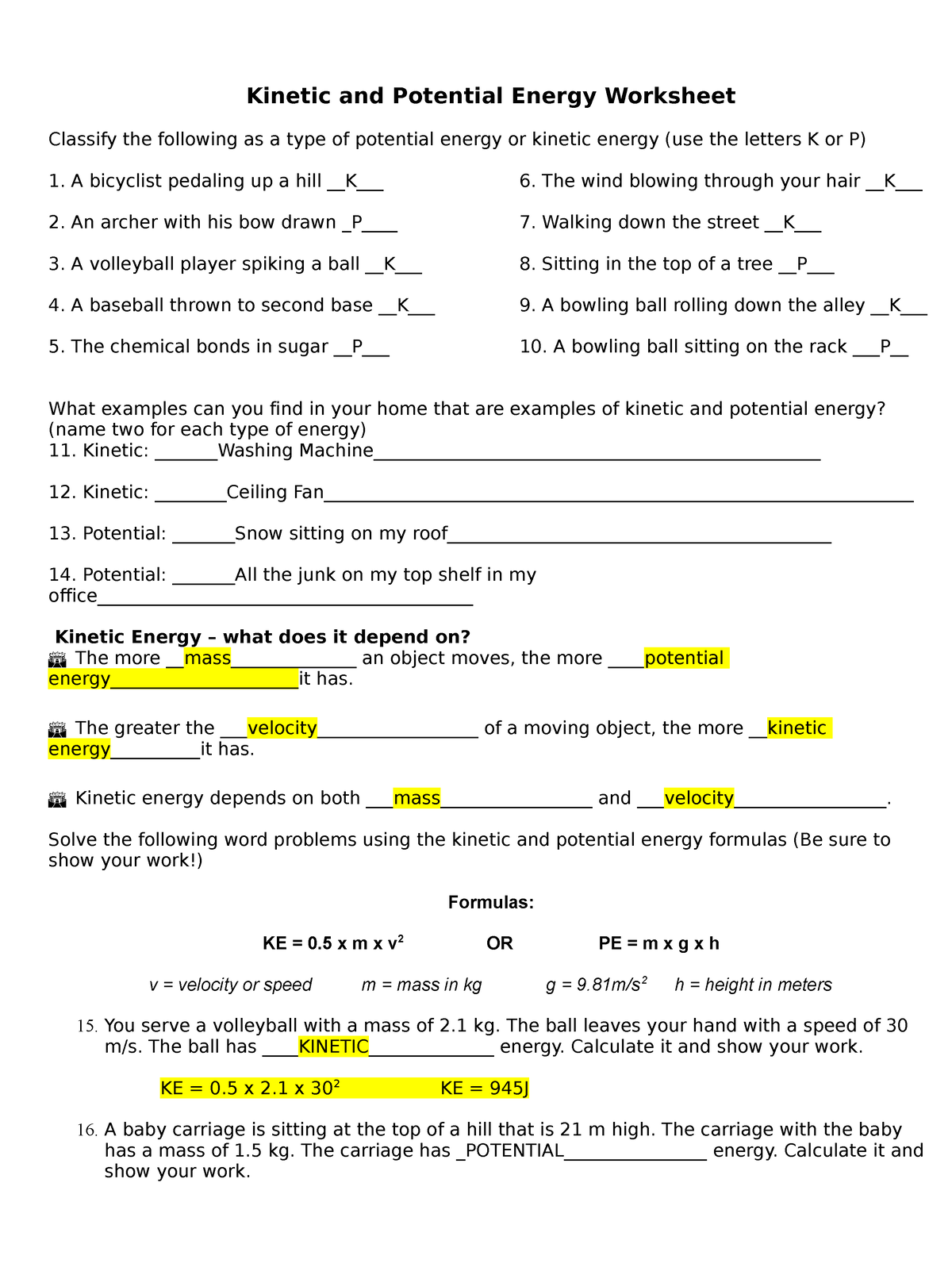 kinetic energy problem solving worksheet