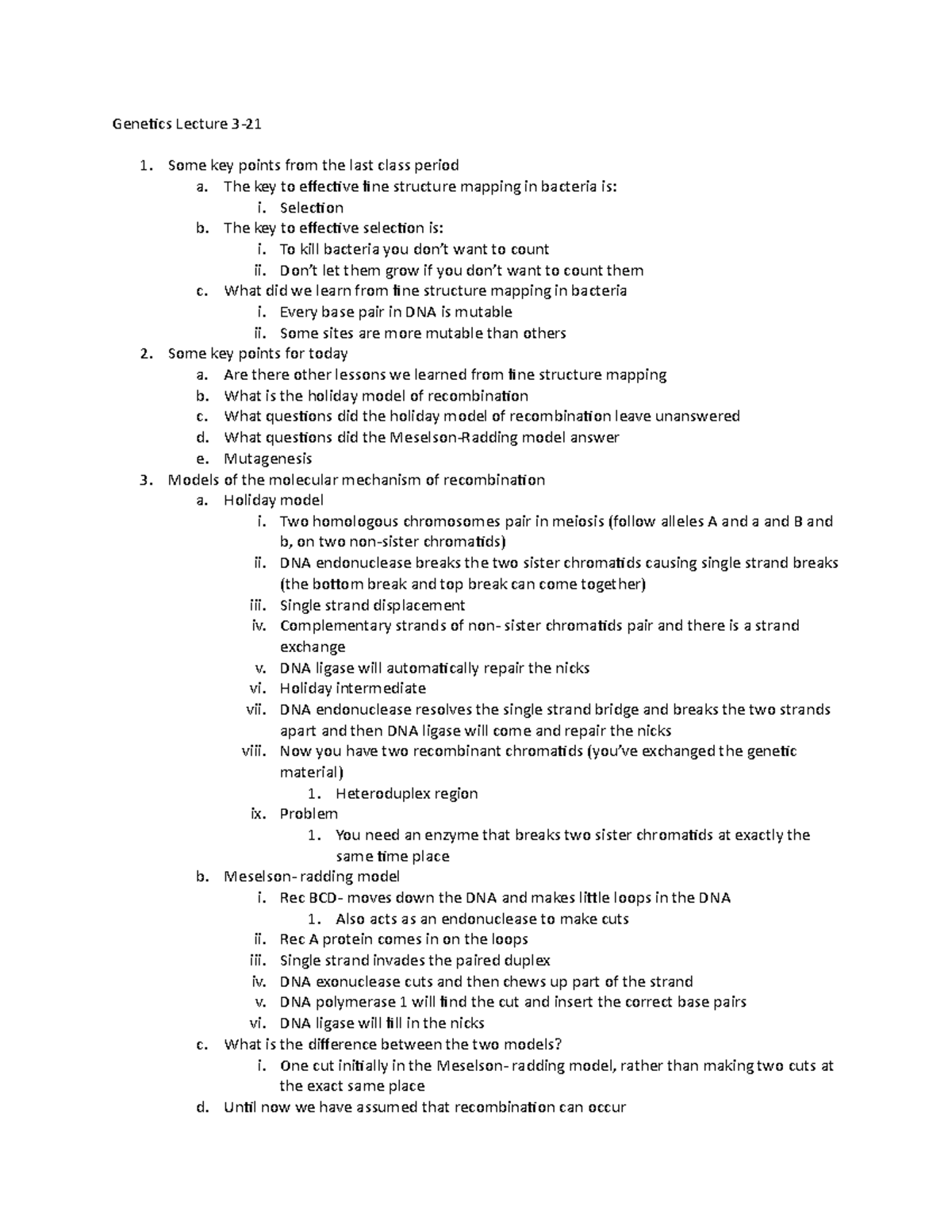 Genetics Lecture 3-21 - Some key points from the last class period a ...