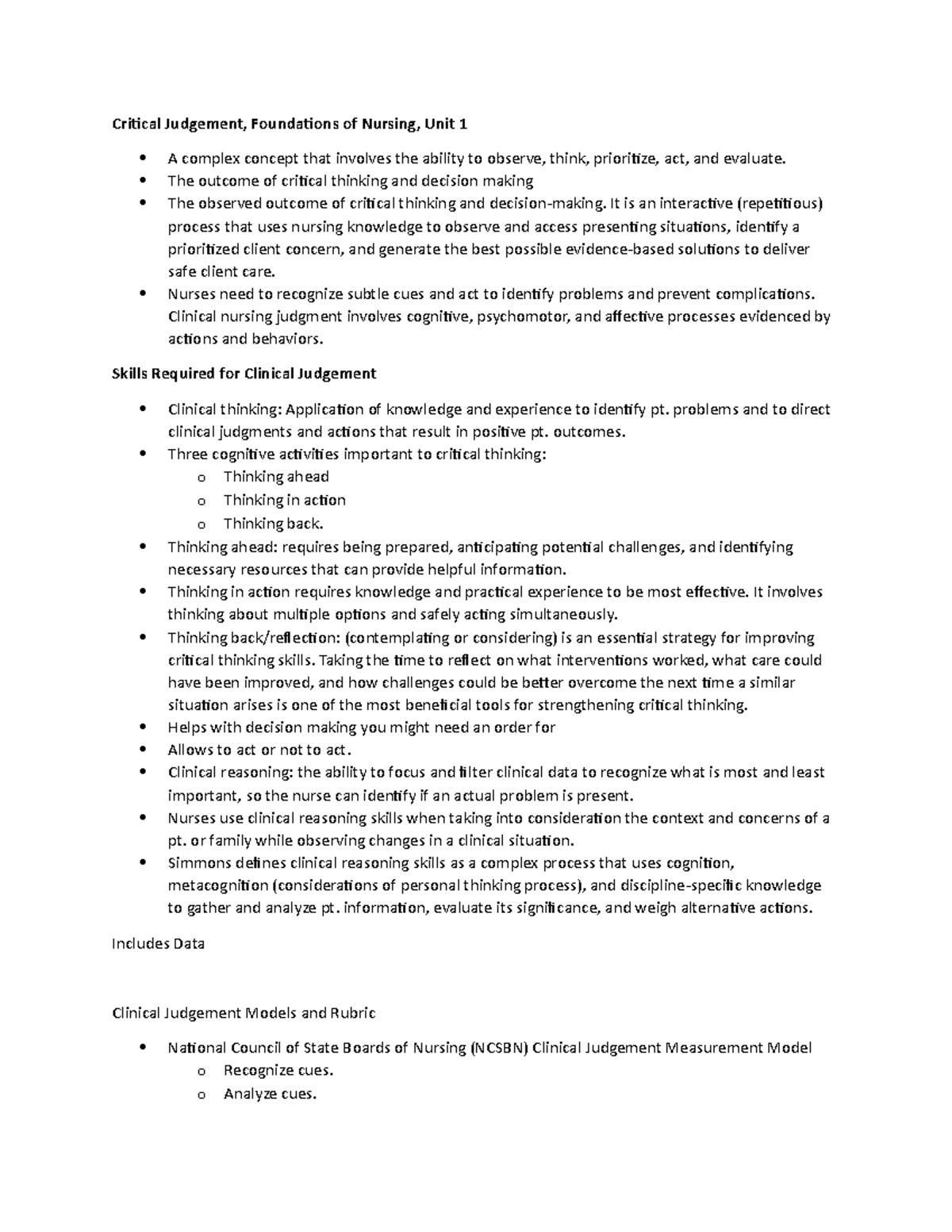 Clinical Judgement Nursing Process Notes - Critical Judgement ...