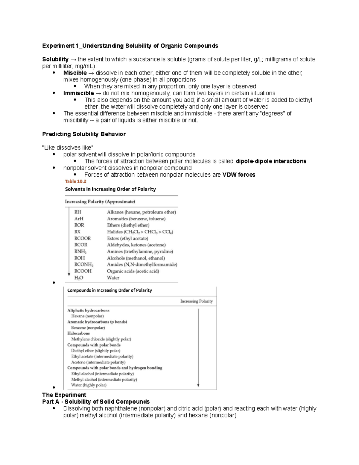 Orgo Lab Final SG Study Guide Experiment 1_Understanding Solubility