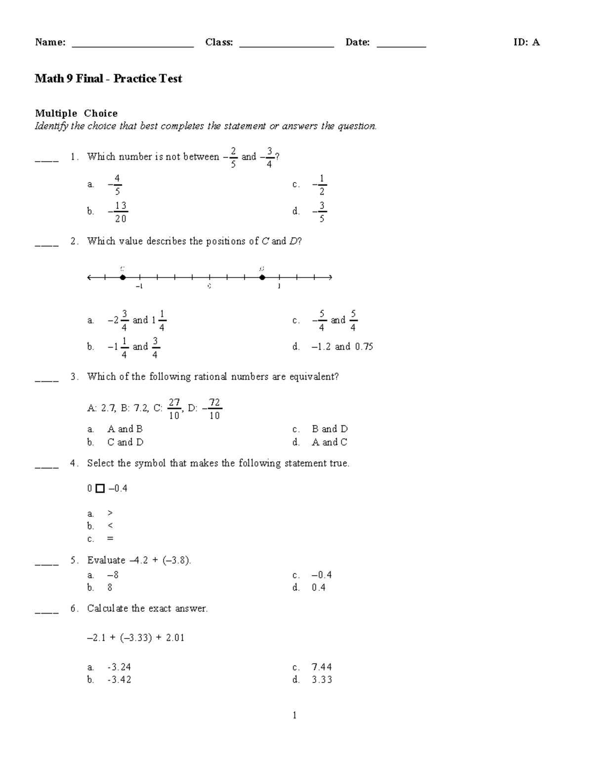 Math 9 Practice Final Exam - Name: ______________________ Class ...