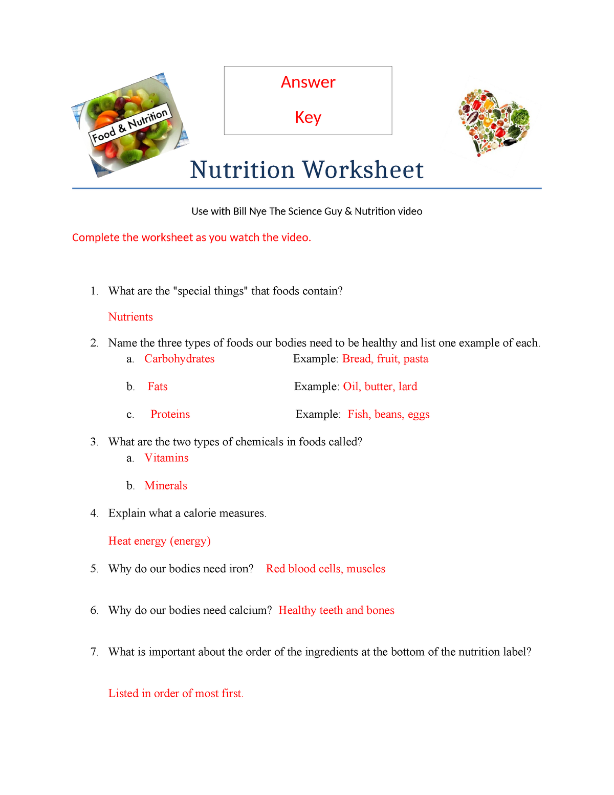 Nutrition Worksheet.Answer Key - Nutrition Worksheet Use with Bill Nye ...