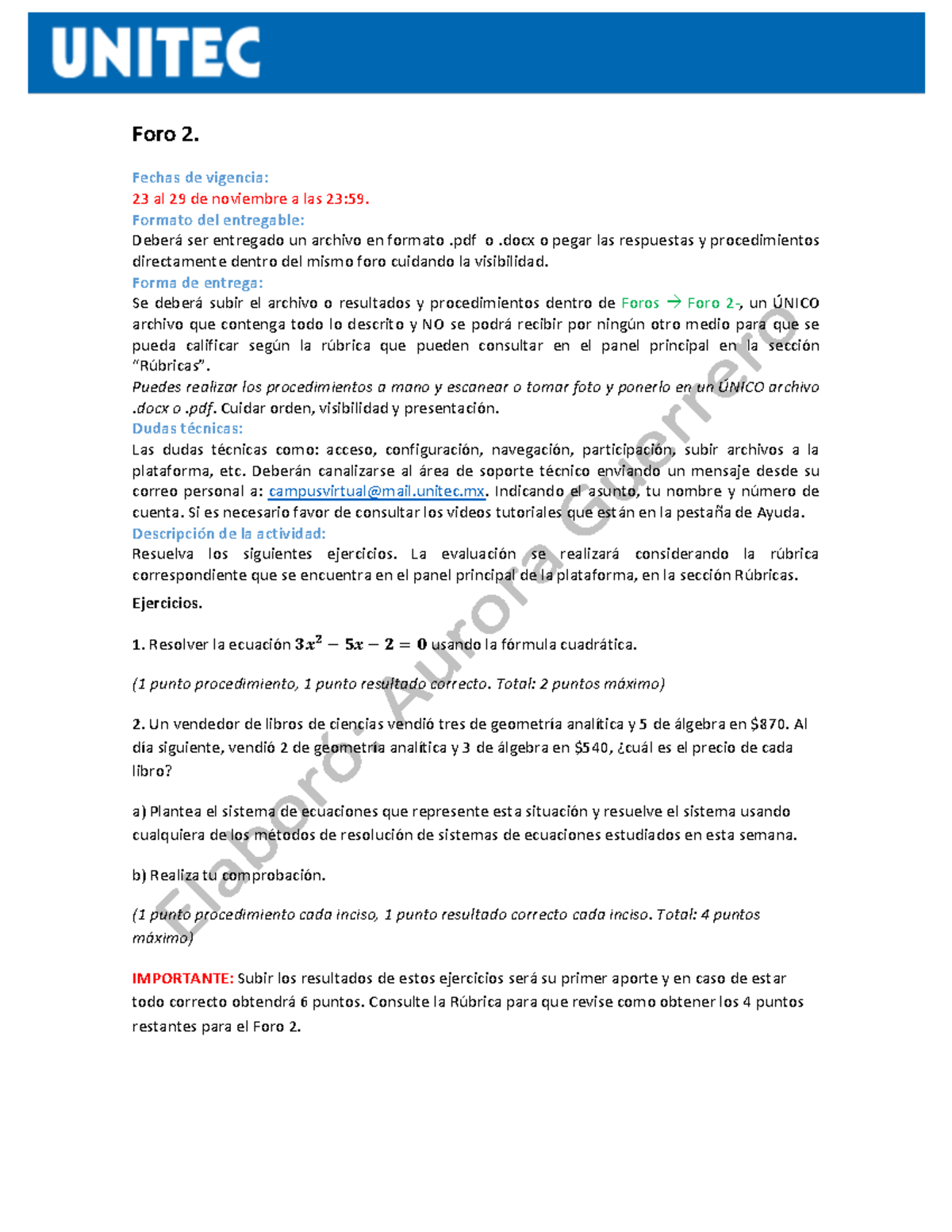 21-1 FORO 2 - FORO_2 EJERCICIOS - Foro 2. Fechas de vigencia: 23 al 29 ...