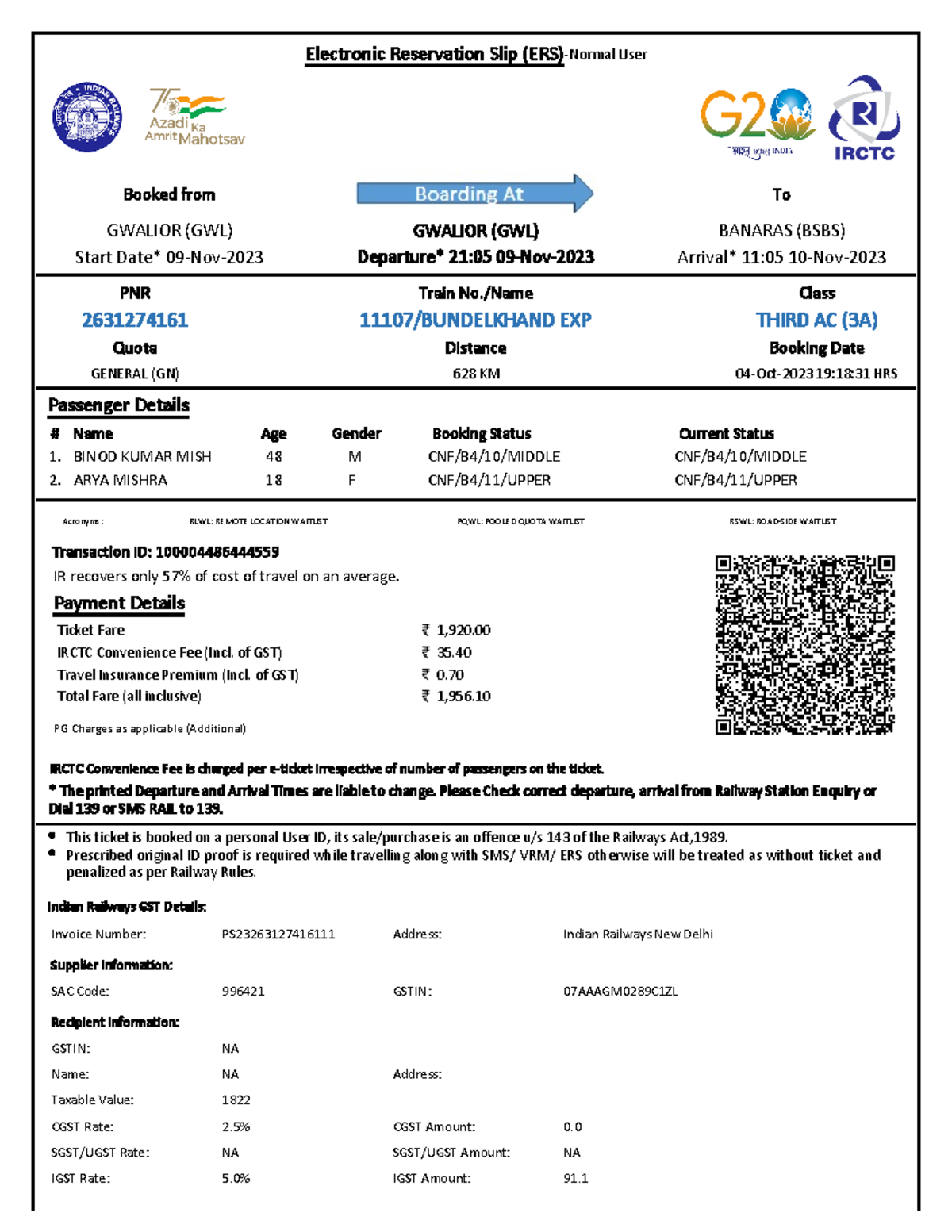 2631274161 Electronic Reservation Slip (ERS)Normal User Booked from