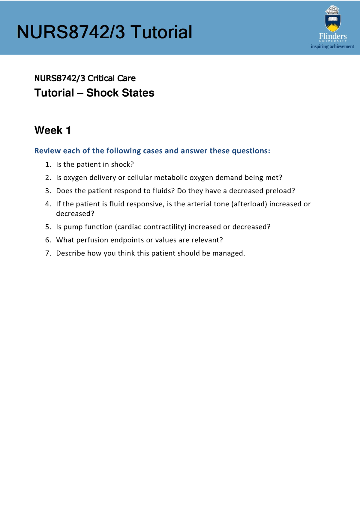 Shock States Tutorial Week1 - NURS8 742 /3 Critical Care Tutorial ...