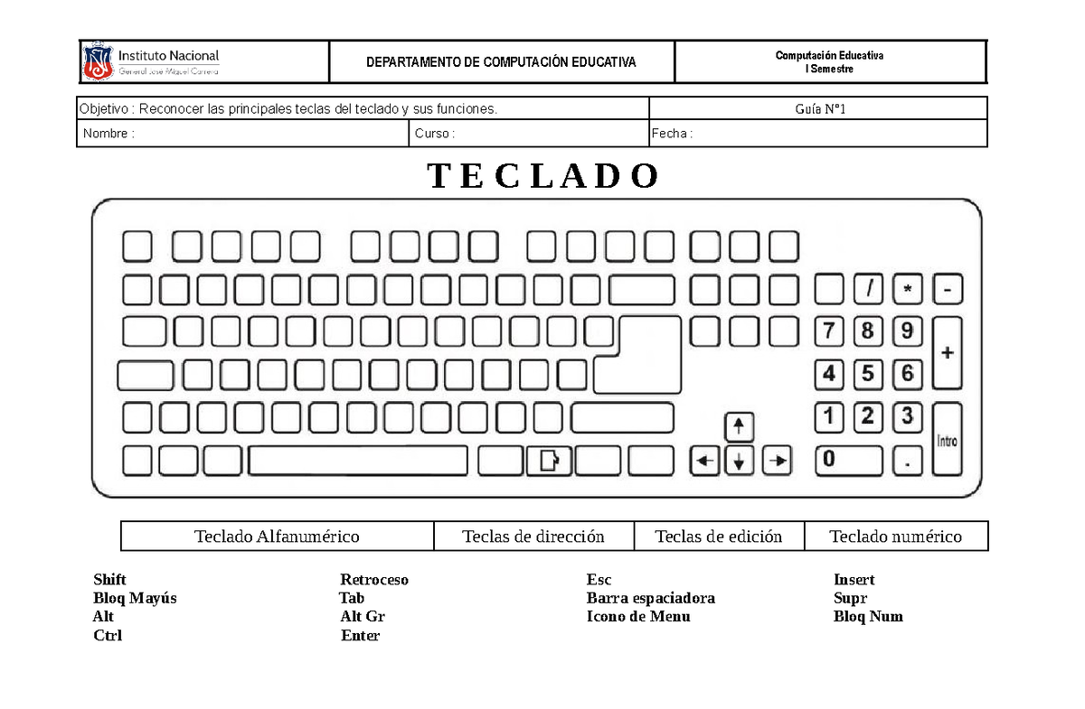 Guia N°1 Teclado - Ejercicios de nombres de teclas - Computación