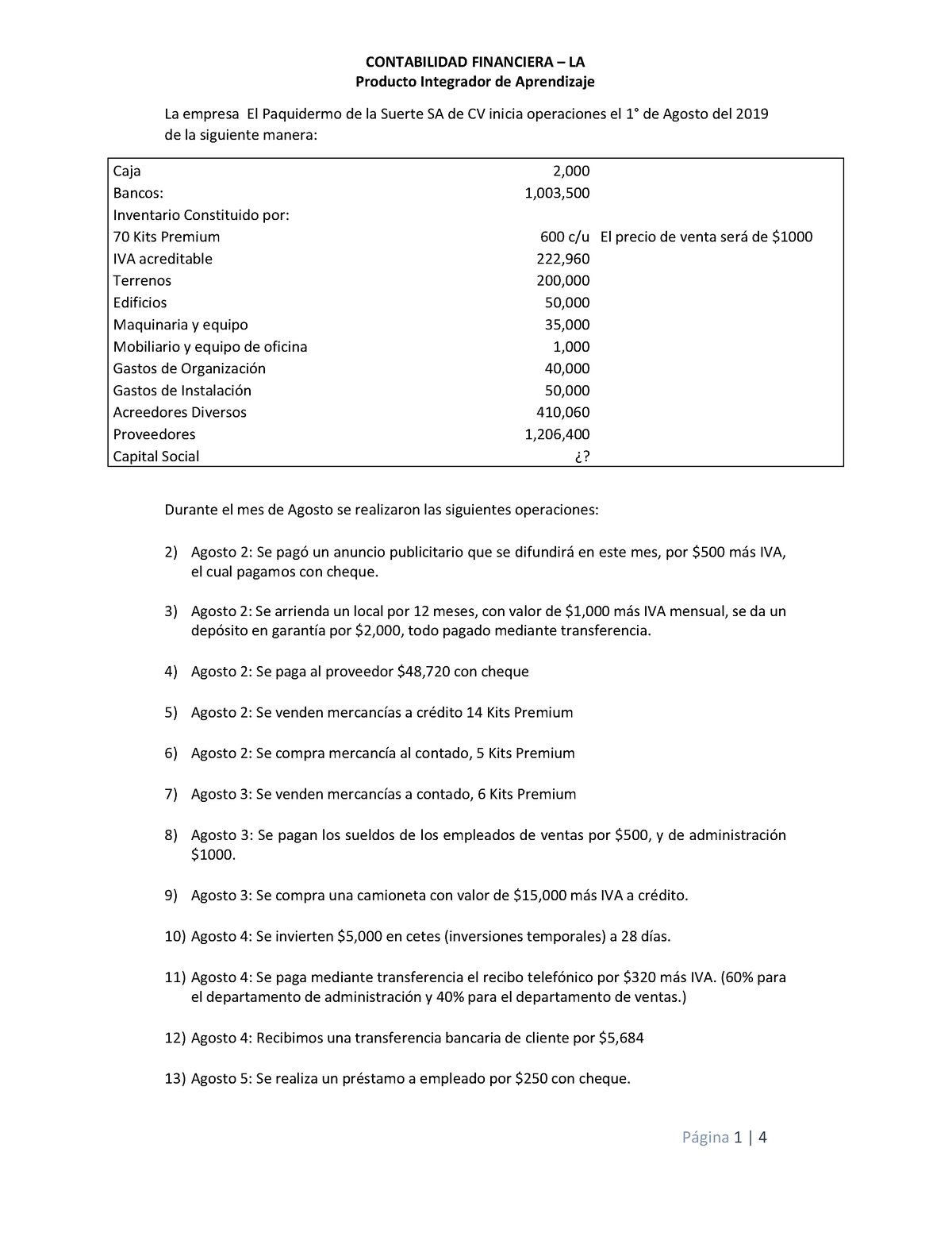 Pia Contabilidad Financiera Ago Dic 2023 Producto Integrador De Aprendizaje La Empresa El 