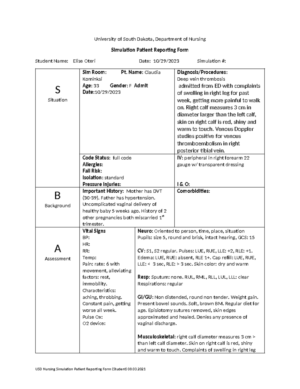 Simulation Patient Reporting Form clotting - University of South Dakota ...
