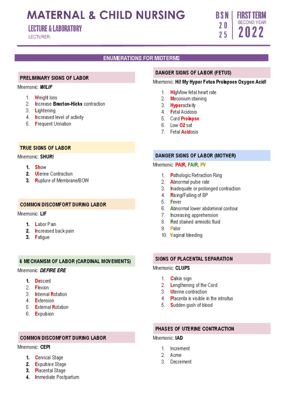 Mcn summarize notes enumerations for midterms preliminary signs of