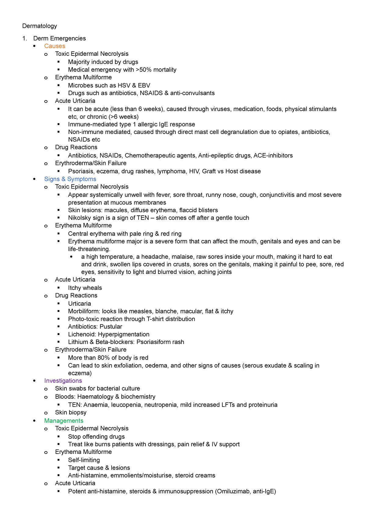 Dermatology - Derm summary - Dermatology Derm Emergencies Causes o ...