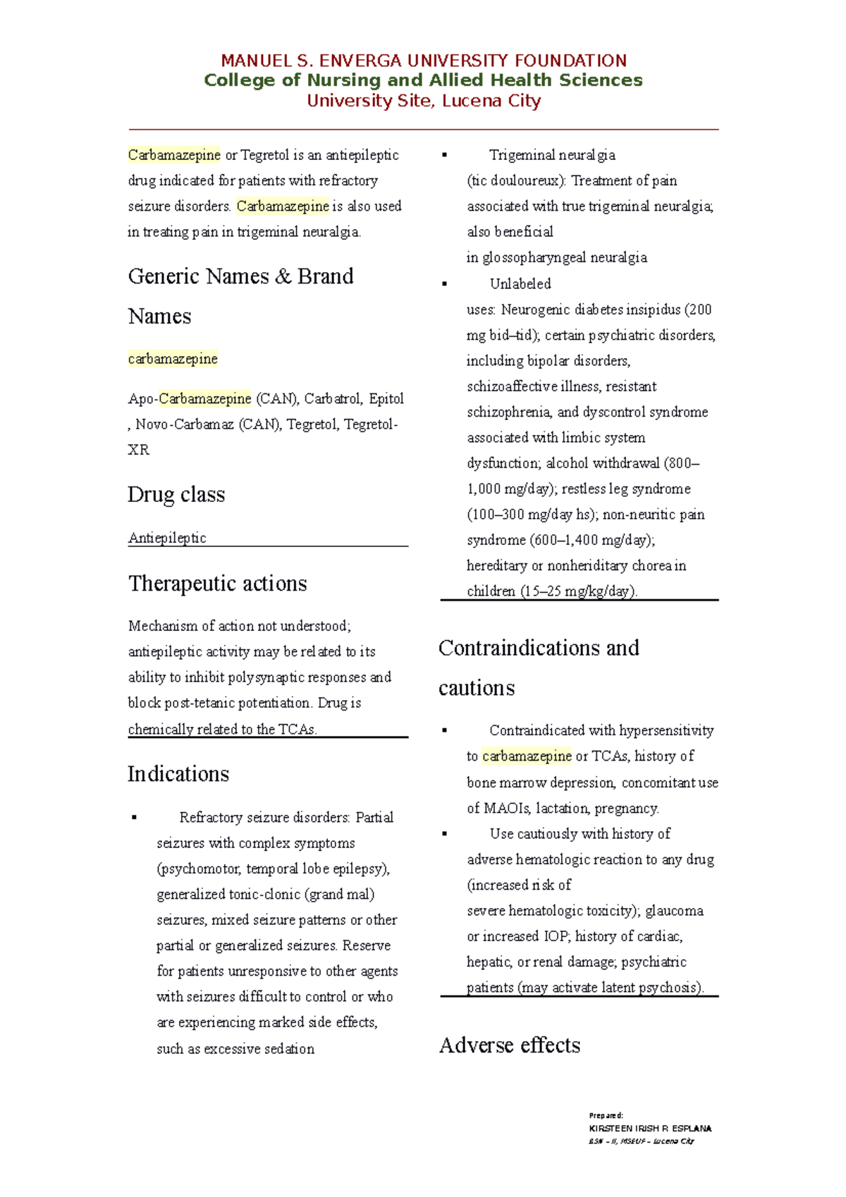 Carbamazepine - DRUG Study - College of Nursing and Allied Health ...