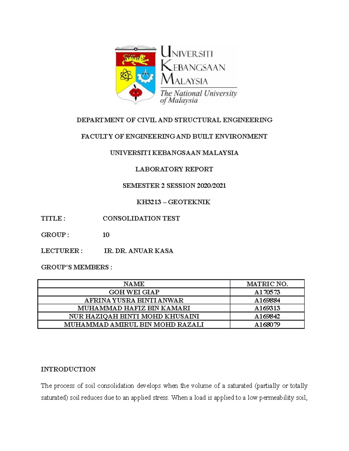 Geotechnical Engineering Consolidation Test Lab - DEPARTMENT OF CIVIL ...