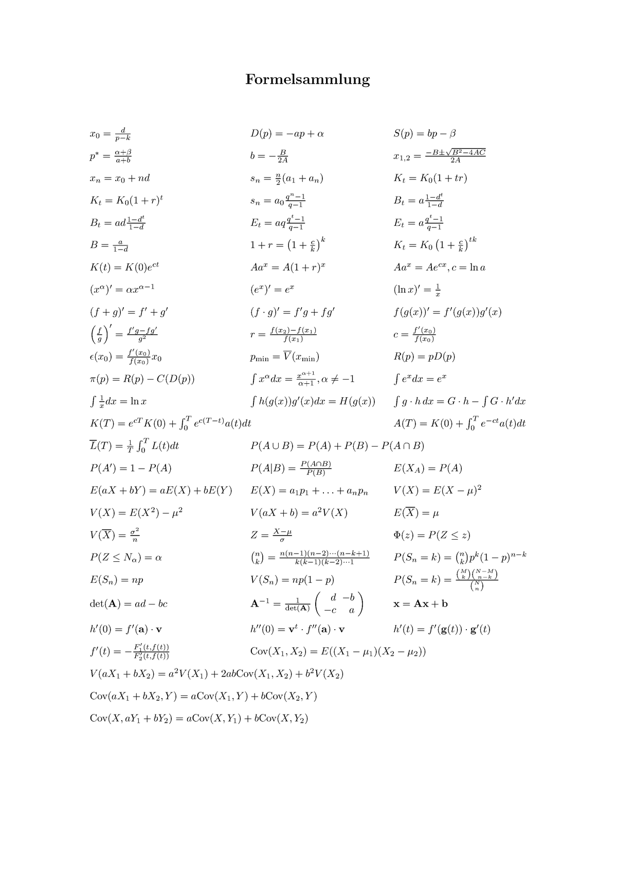 Formelsammlung Mathematik 1 - Formelsammlung X0 = D P−k D(p) = −ap + α ...