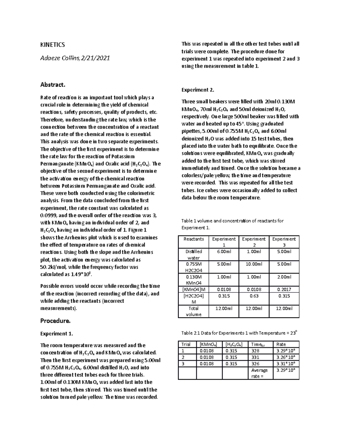 lab report Adaeze Collins,2/21/ Abstract. Rate of