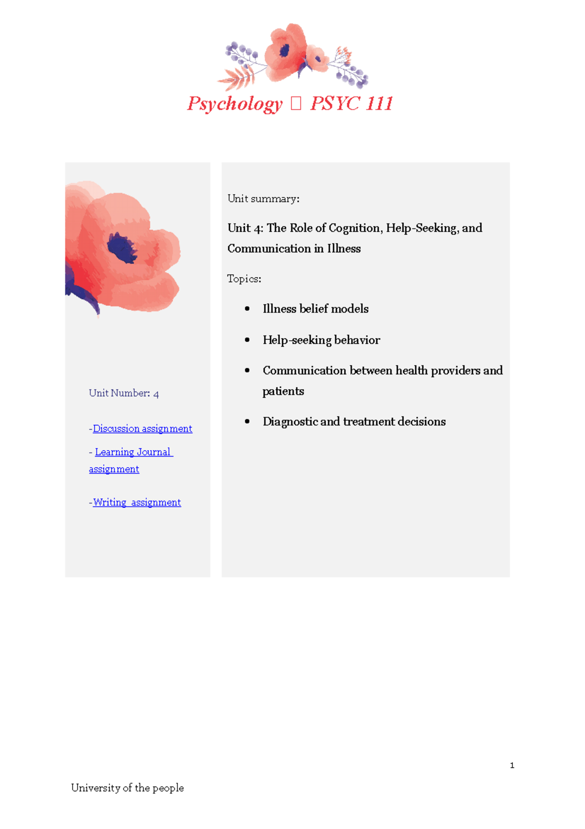 Psychology PSYC 111 unit 4 - Psychology ⸎ PSYC 111 Unit summary: Unit 4 ...