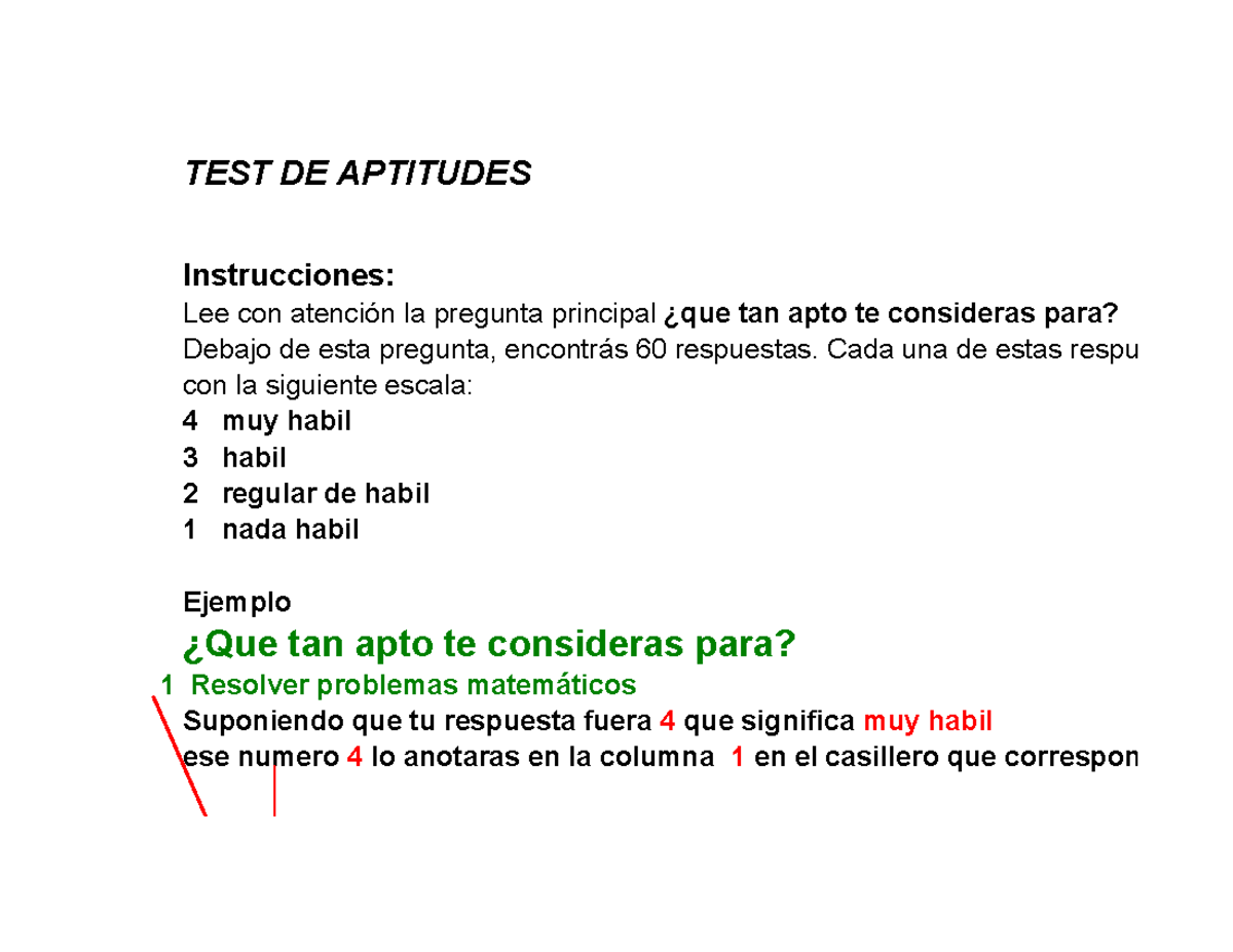 563483642 Test de Aptitudes - TEST DE APTITUDES Instrucciones: Debajo ...