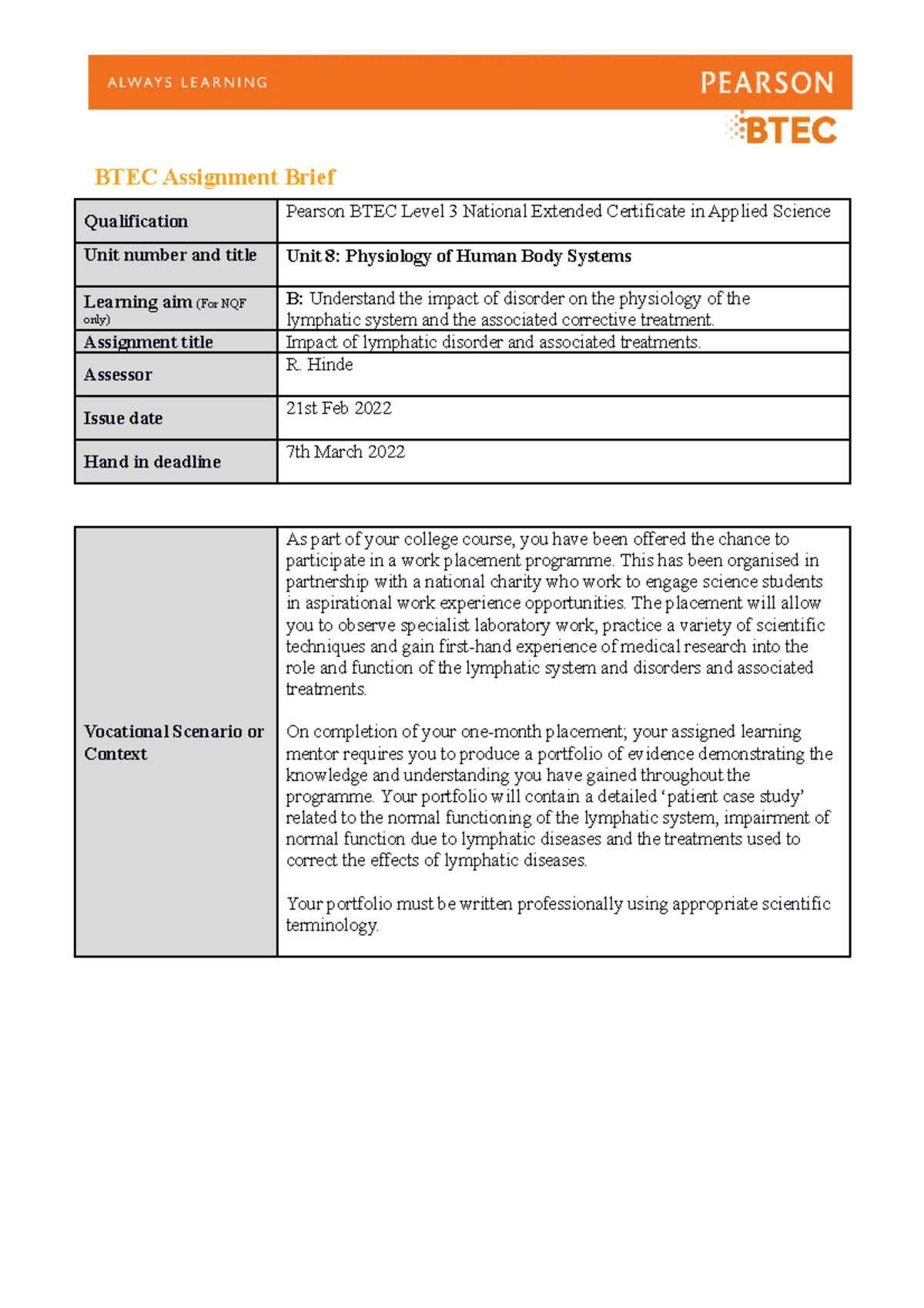 U8 Assignment B Write Up - BTEC Assignment Brief Qualification Pearson ...