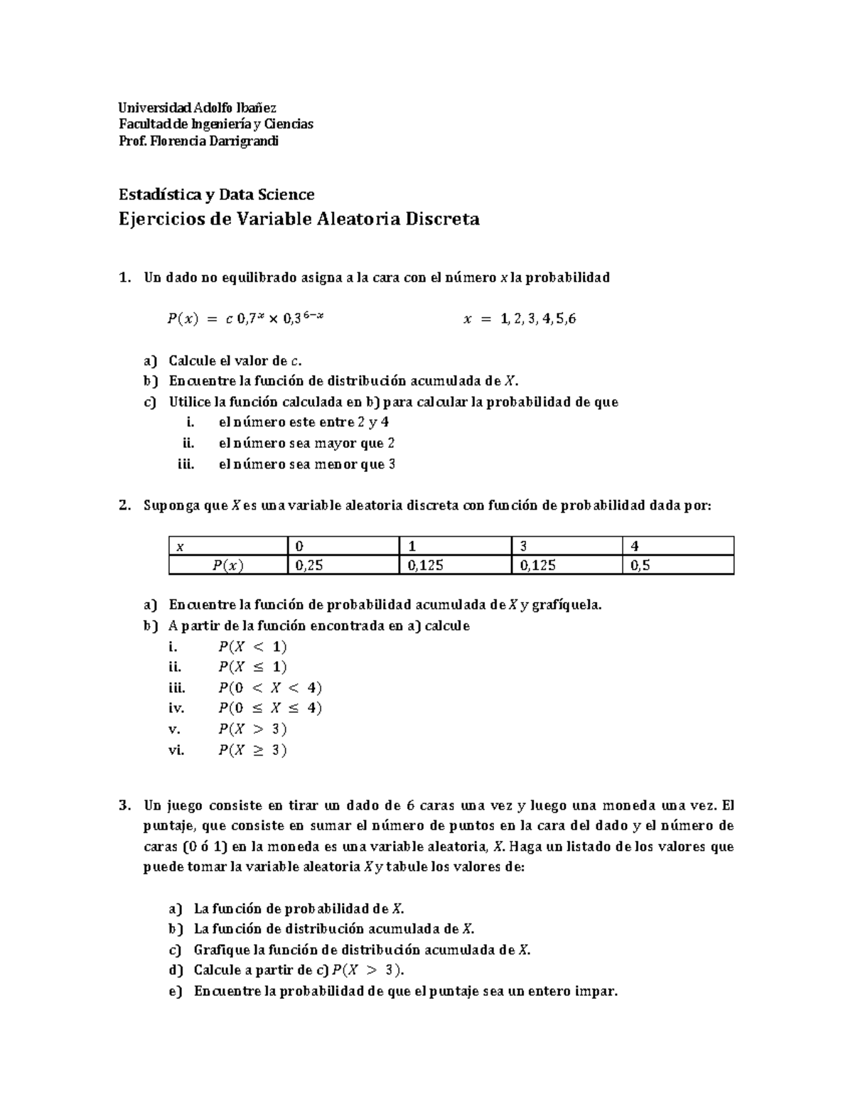 Ejercicios De Variable Aleatoria Discreta - Universidad Adolfo IbaÒez ...