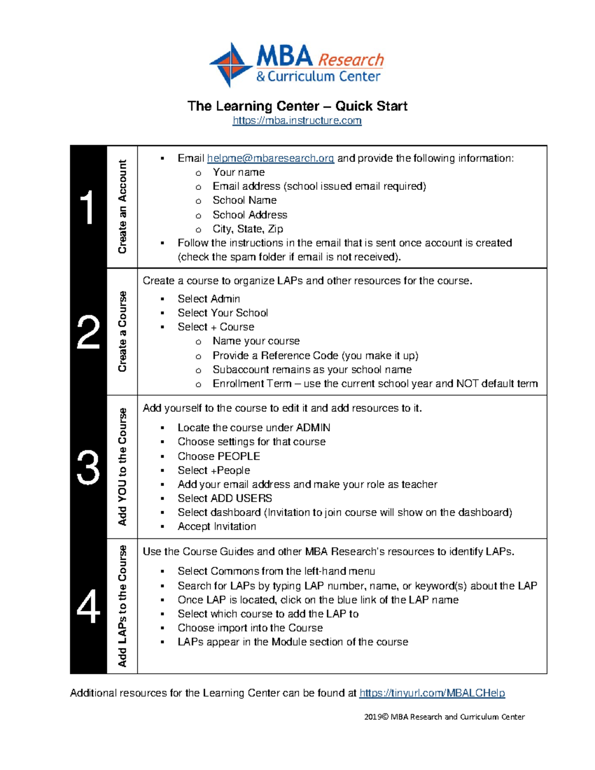 The Learning CenterQuick Start 2019© MBA Research and Curriculum Center The Learning Center