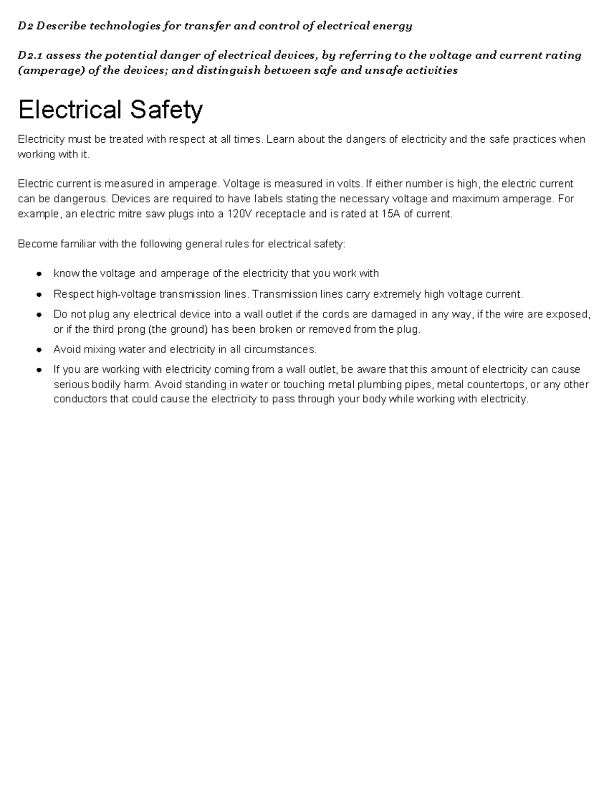 Help NotesUnit D 2 D2 Describe technologies for transfer and control of electrical energy D2