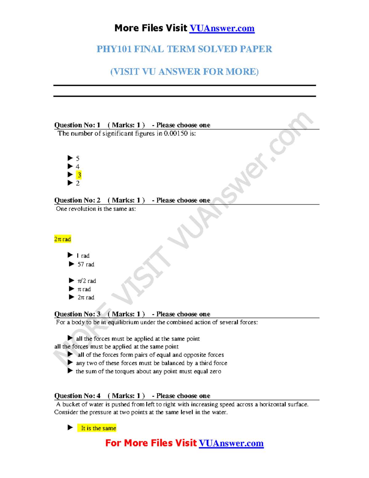 PHY101 Final TERM Solved MCQs Download Vuanswer - PHY101 FINAL TERM ...