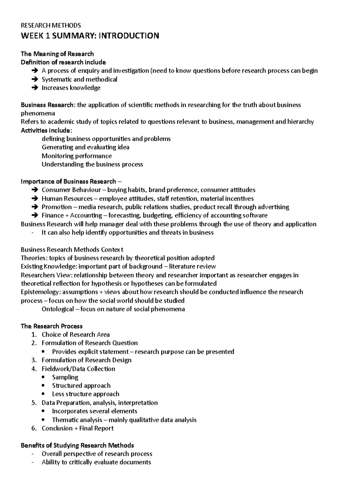 Research Methods WEEK 1 RESEARCH METHODS WEEK 1 SUMMARY INTRODUCTION 