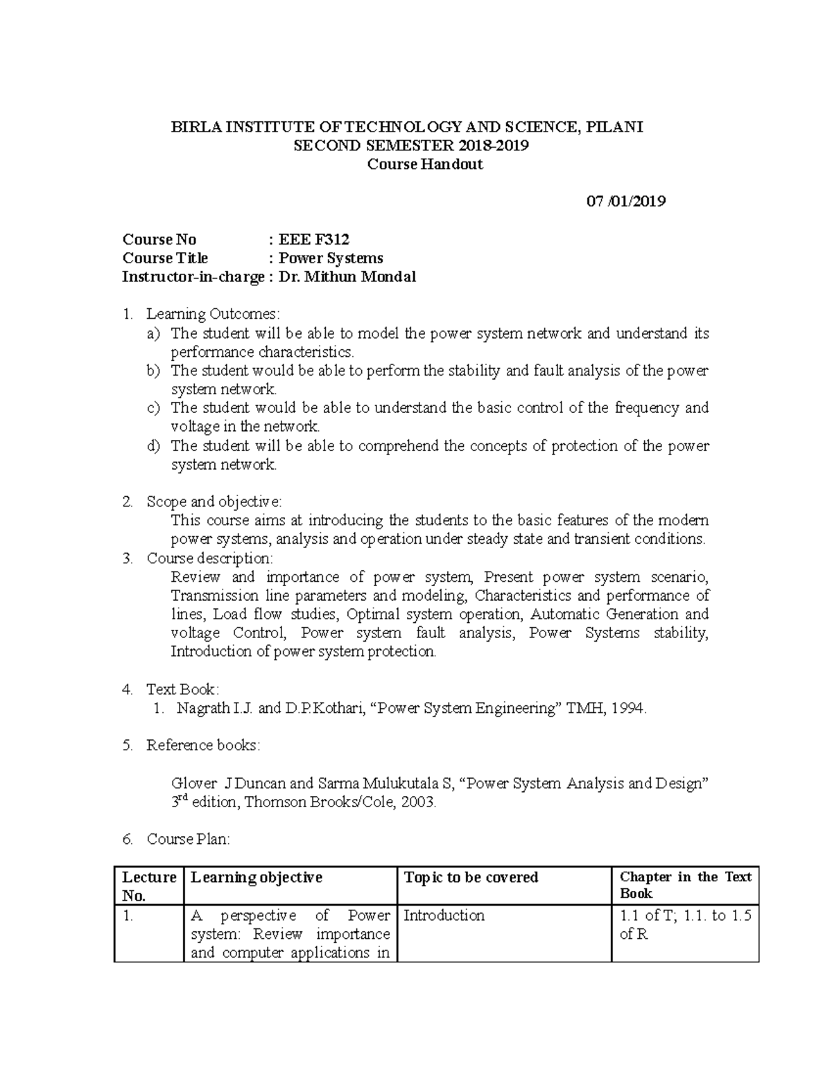 EEE F312 Power Systems Lecture Notes BIRLA INSTITUTE OF TECHNOLOGY