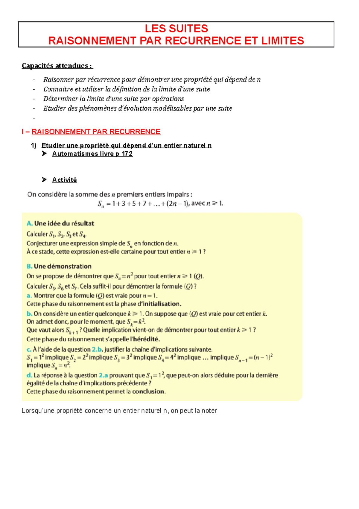 Cours 1 Les Suites Limites Et Raisonnement Par Récurrence Les Suites