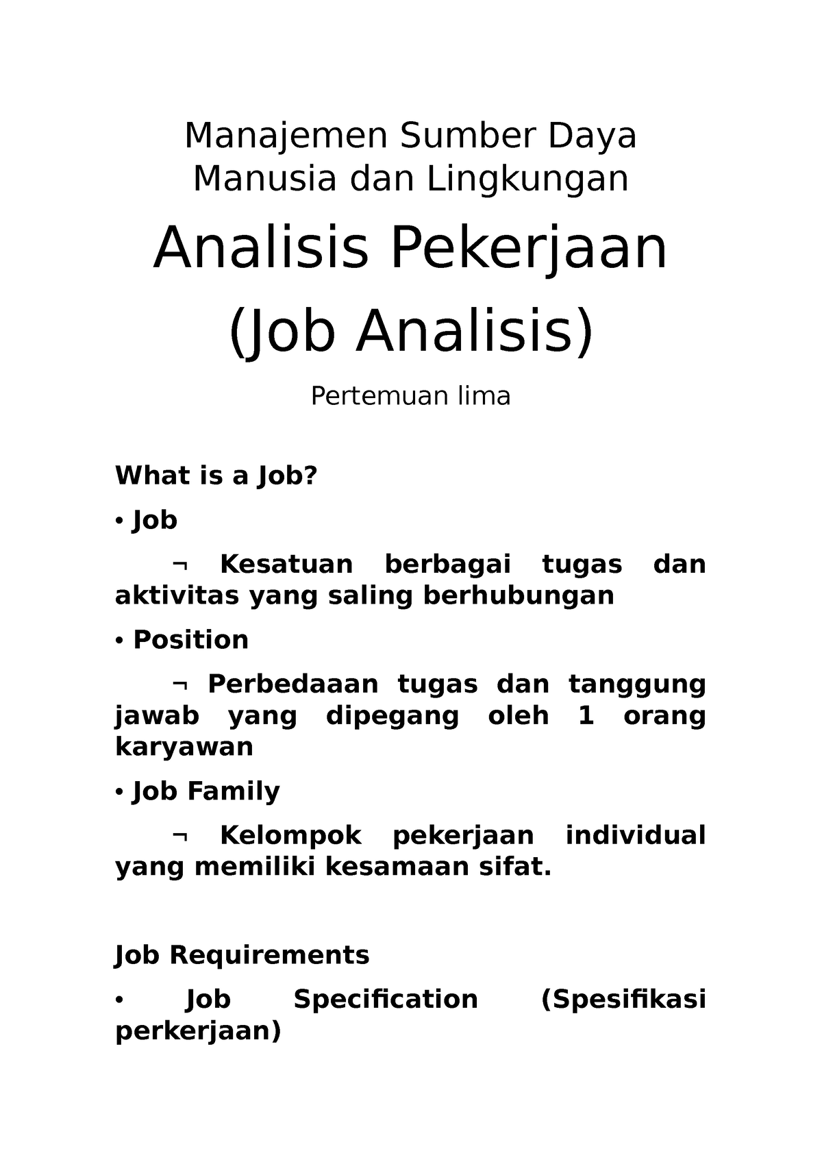 Catatan Materi 5 Manajemen Sumber Daya Manusia Dan Lingkungan Analisis Pekerjaan Job Analisis 3492