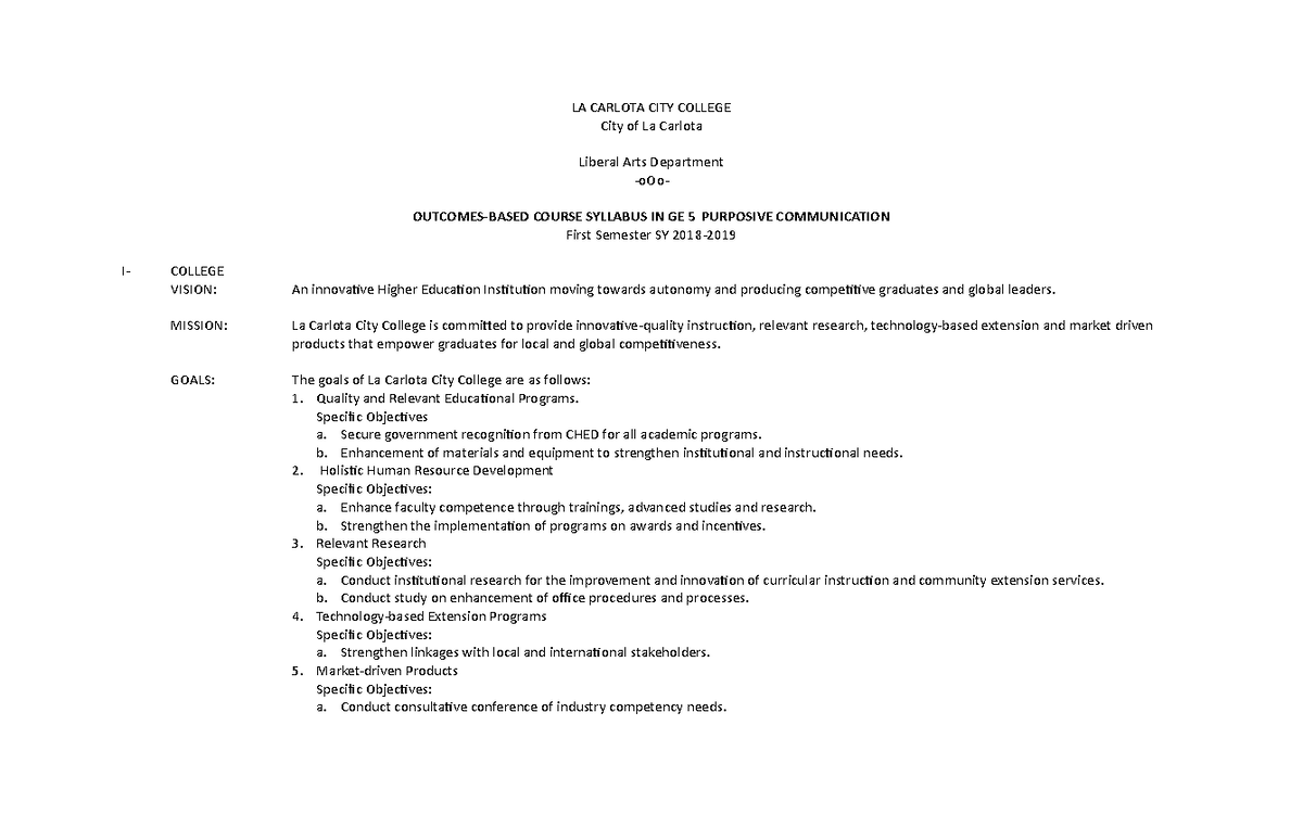 GE 5 syllabus on speech communication LA CARLOTA CITY COLLEGE City of La Carlota Liberal