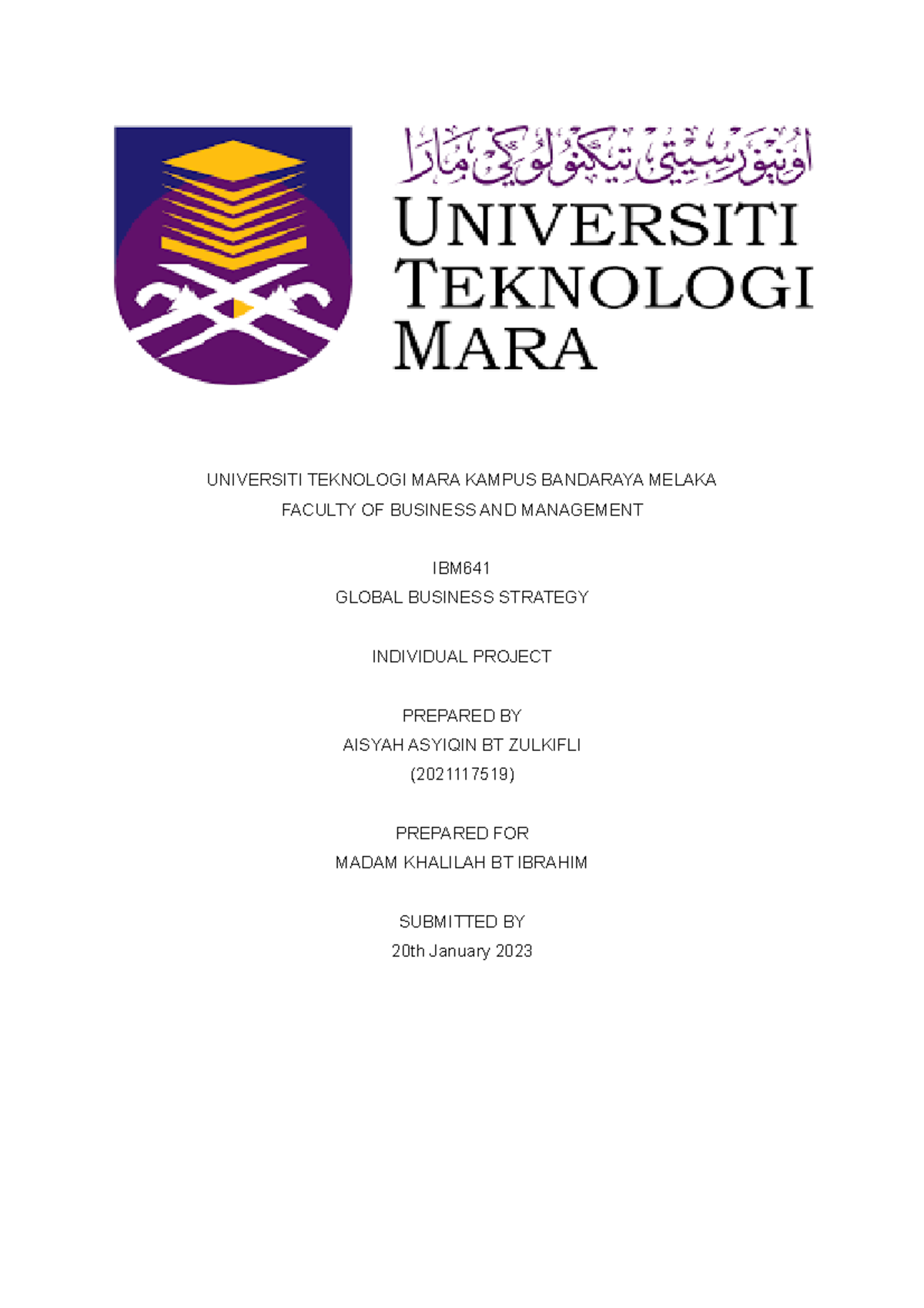 Individual Assignment IBM 641 - UNIVERSITI TEKNOLOGI MARA KAMPUS ...